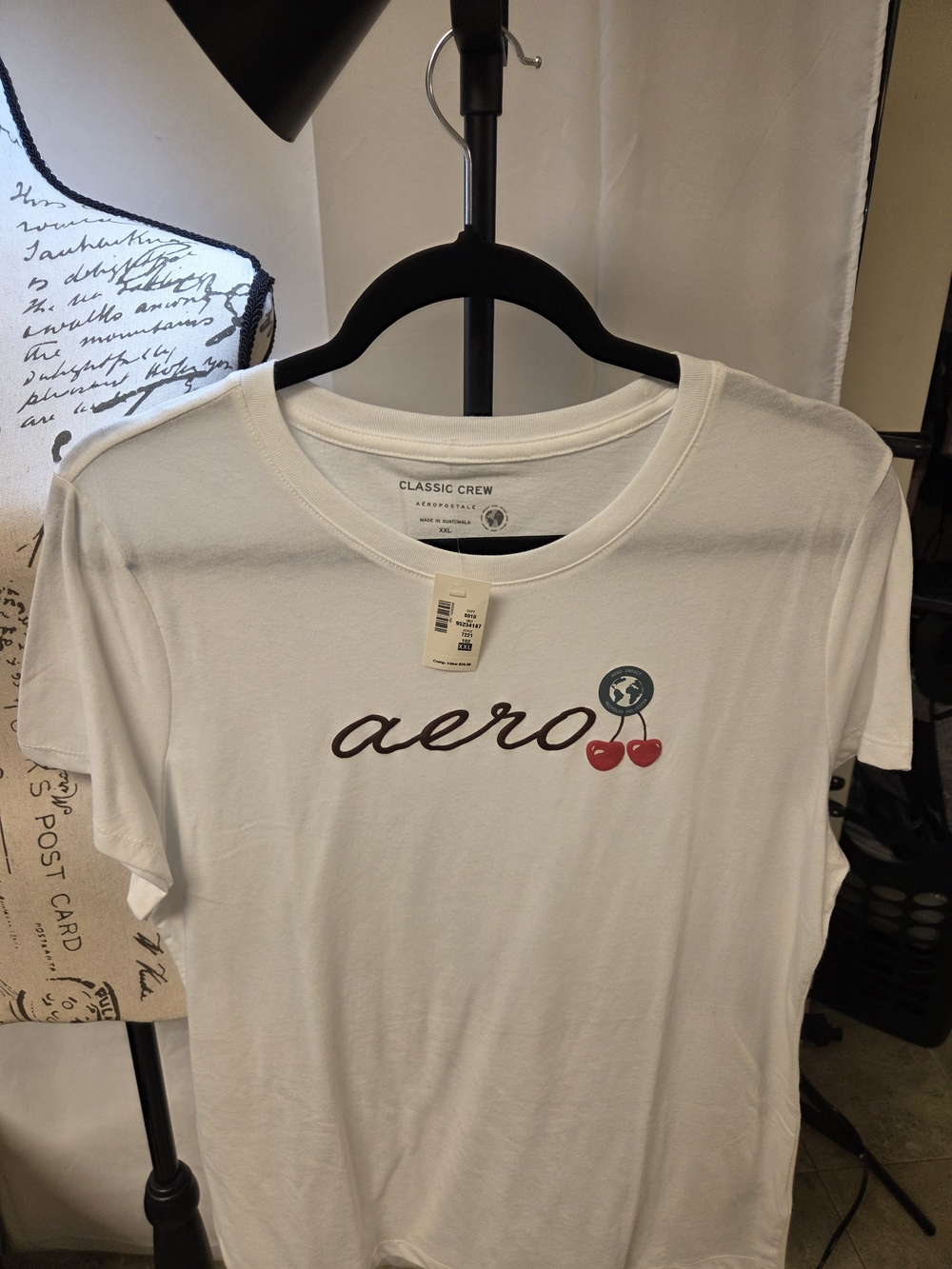 Aeropostale White Tee with Black Script and Red Cherry Graphic